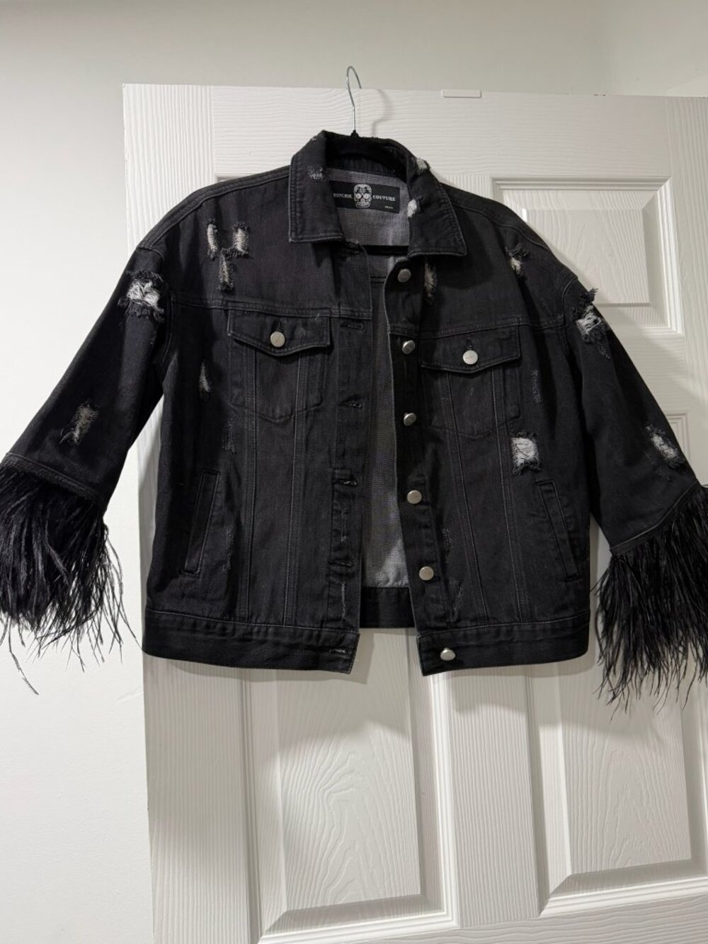 Hipchik Couture Distressed Feather-Cuff Denim Jacket Size M | Embellished Statem